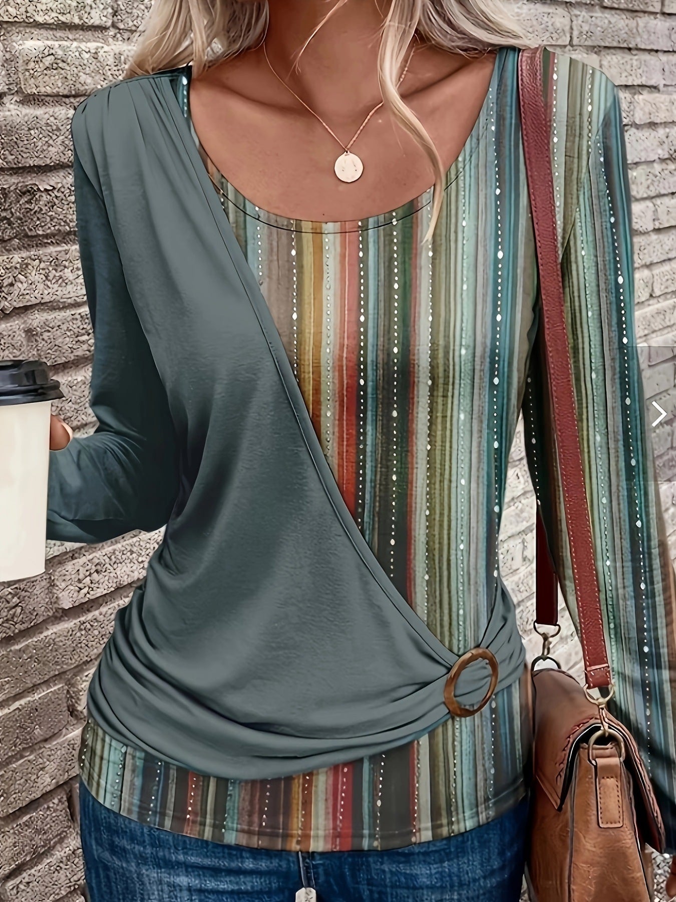 Women's Round Neck Solid Color Stitching Printing Blouses