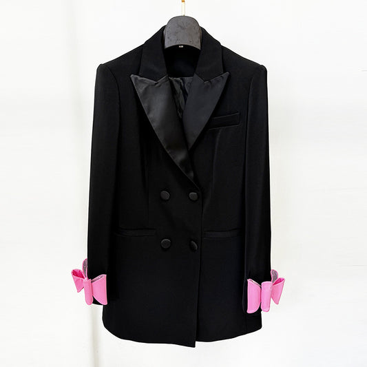 Fashion Double Breasted Satin Collar Bow Blazers