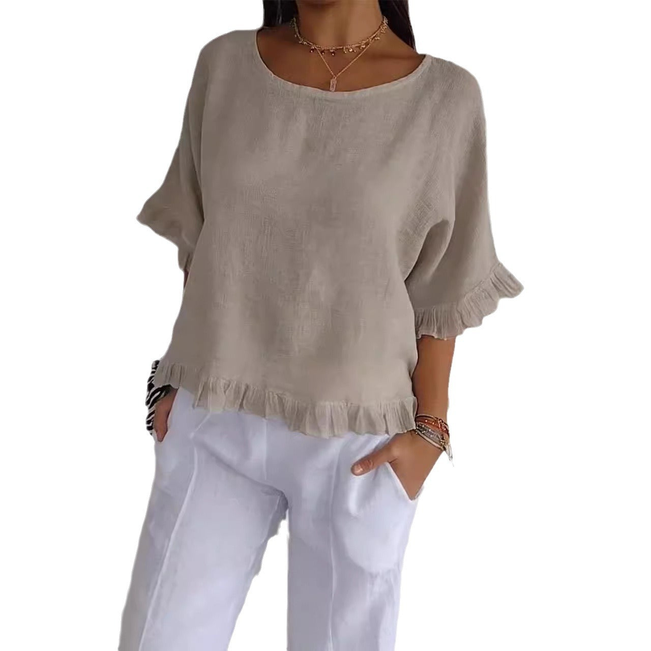 Women's Short-sleeved Round Neck Cotton Linen Solid Blouses