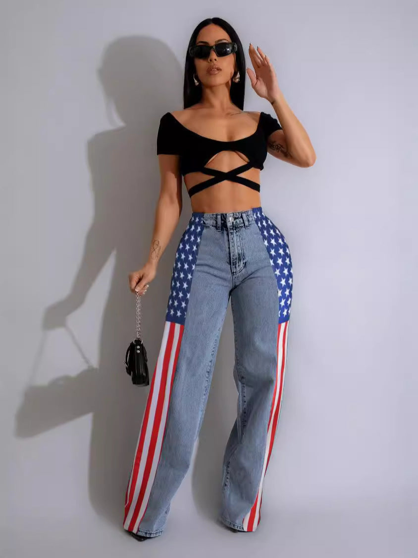 Women's Flag Print Stretchy Denim Trousers Casual Jeans