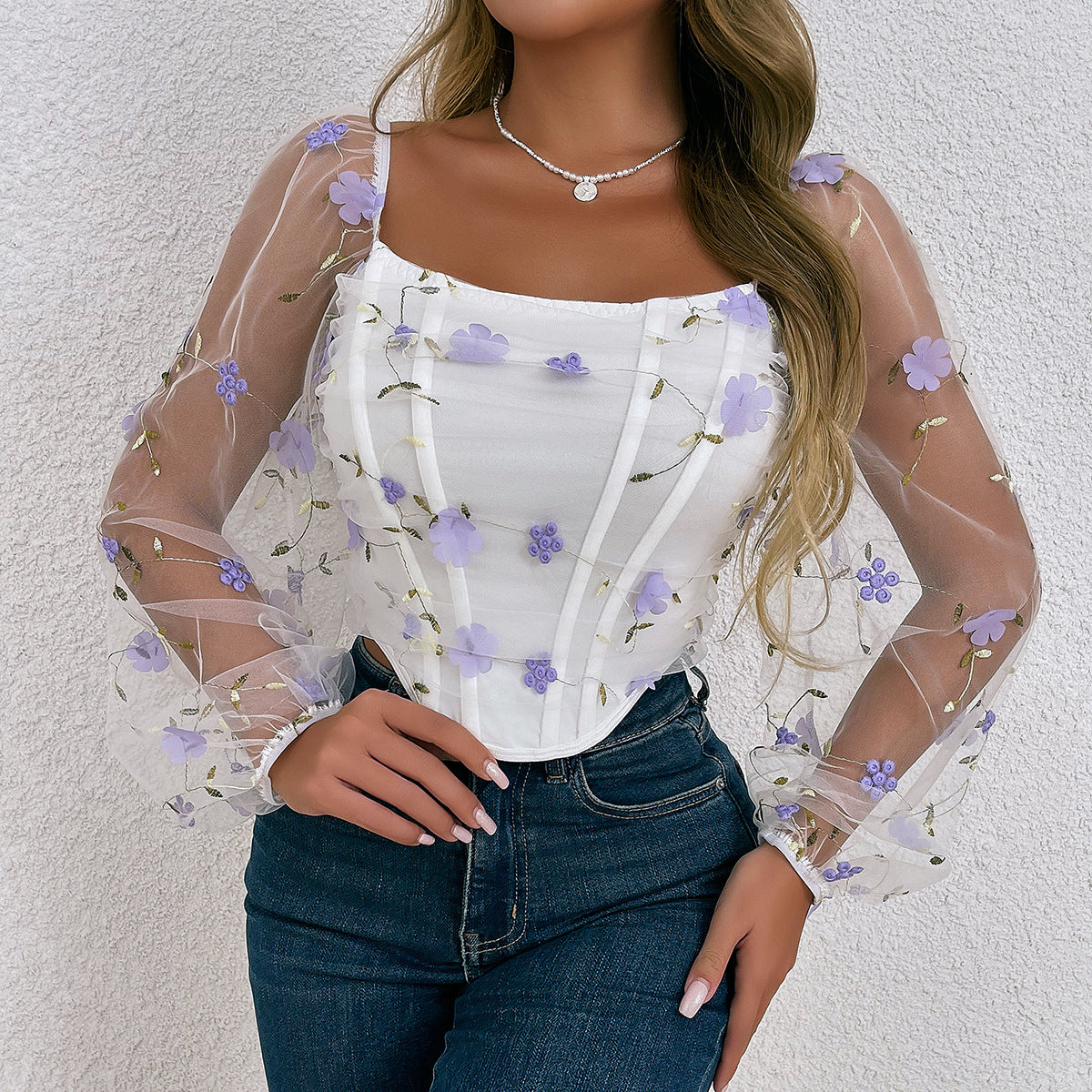 Women's Style Sexy Mesh Embroidered Flower Double Layer Fishbone Tops