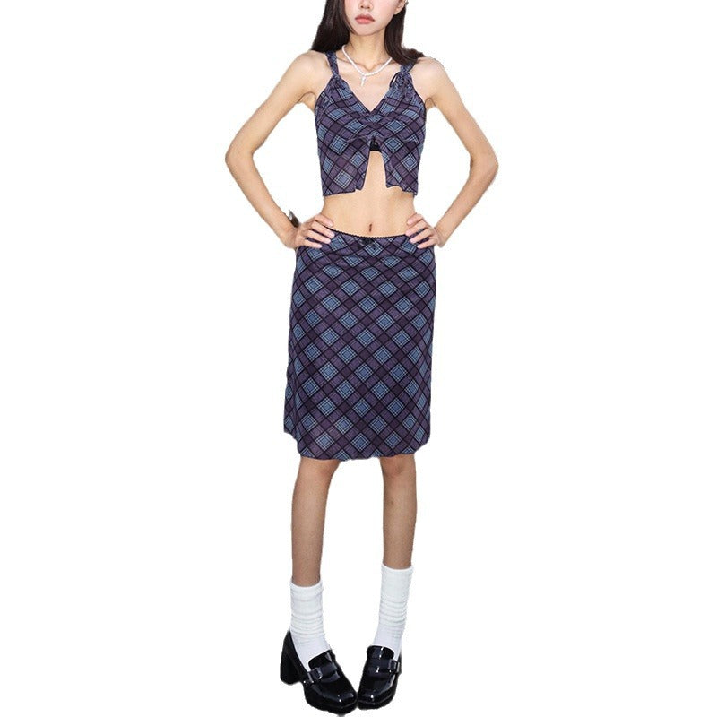 Women's Glamorous Summer Pleating Plaid Slim Tops