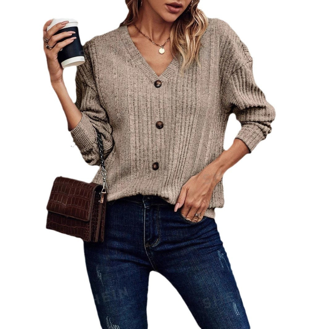 Women's Knitted Button Casual Long-sleeved Loose T-shirt Knitwear