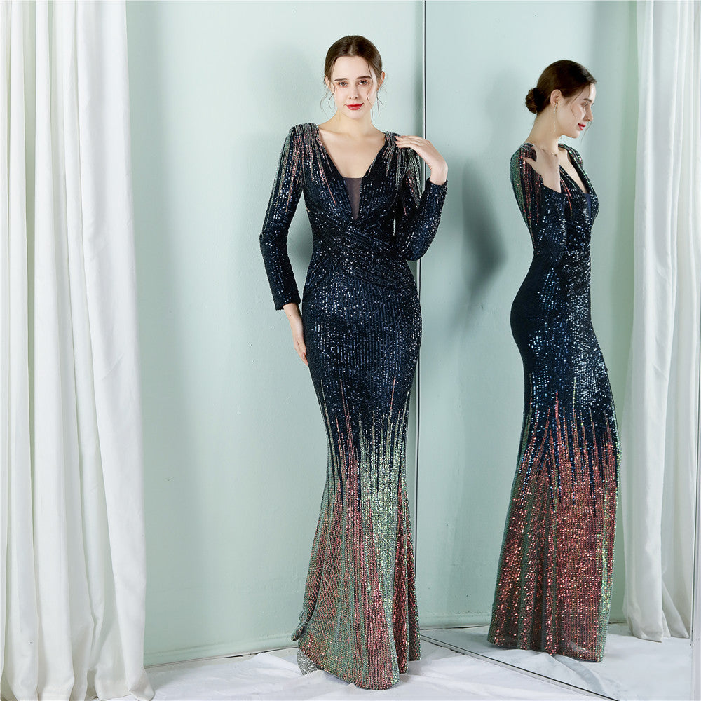 Gradient Sequin Long Sleeve Dress Fashion Evening Dresses