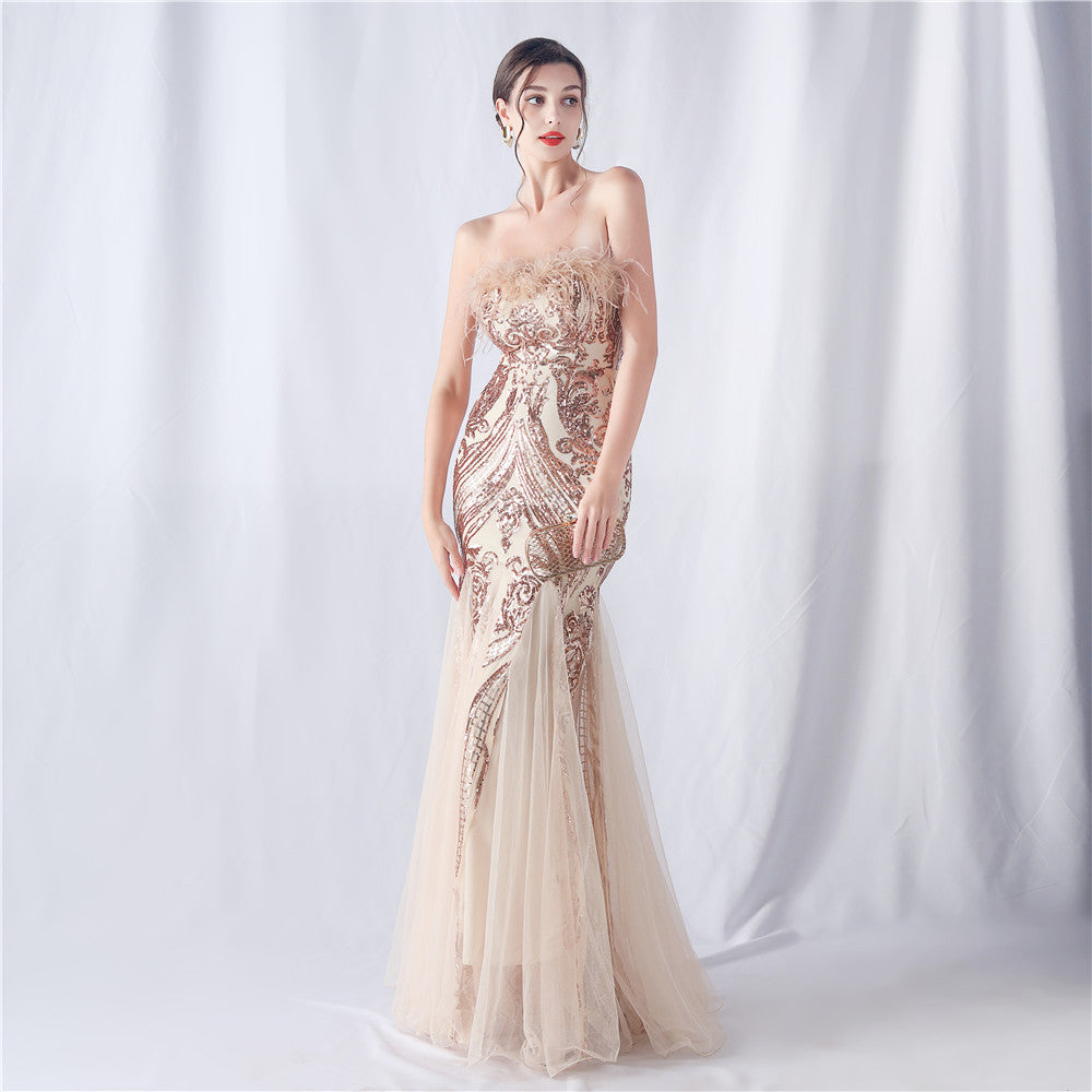 Positioning Flower Cutting Tube Sequin Gauze Evening Dresses