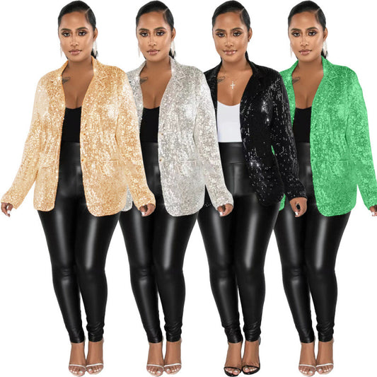 Women's Casual Long Sleeve Sequined Button Pocket Blazers