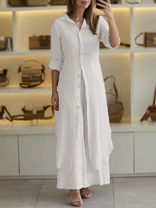 Elegant Cotton Linen Tight Waist Long Shirt Pants