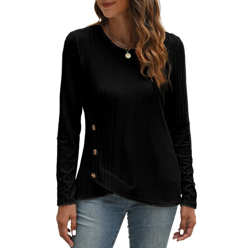 Women's Sunken Stripe Brushed Button Long-sleeved T-shirt Tops