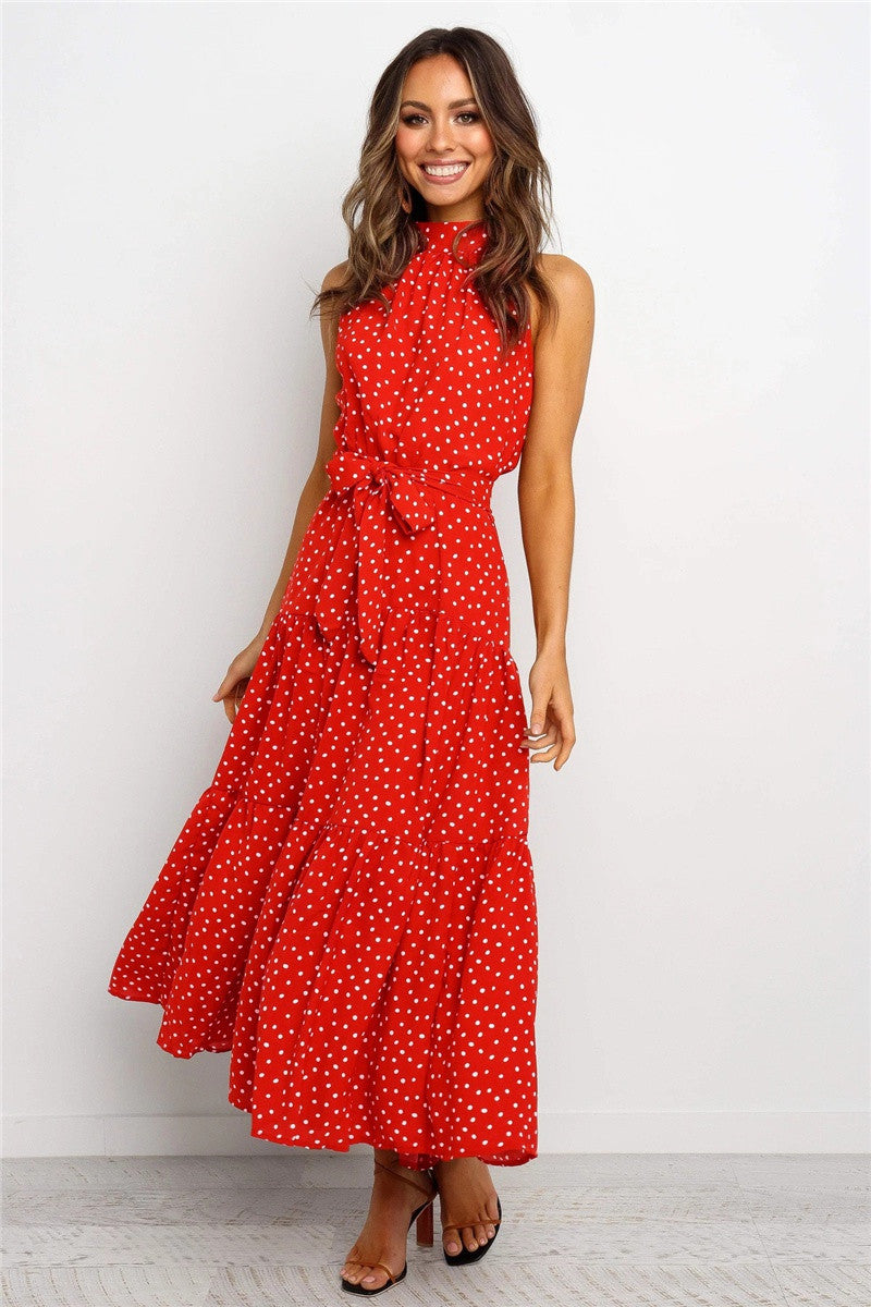 Color Halter Polka Dot Print Dress Dresses