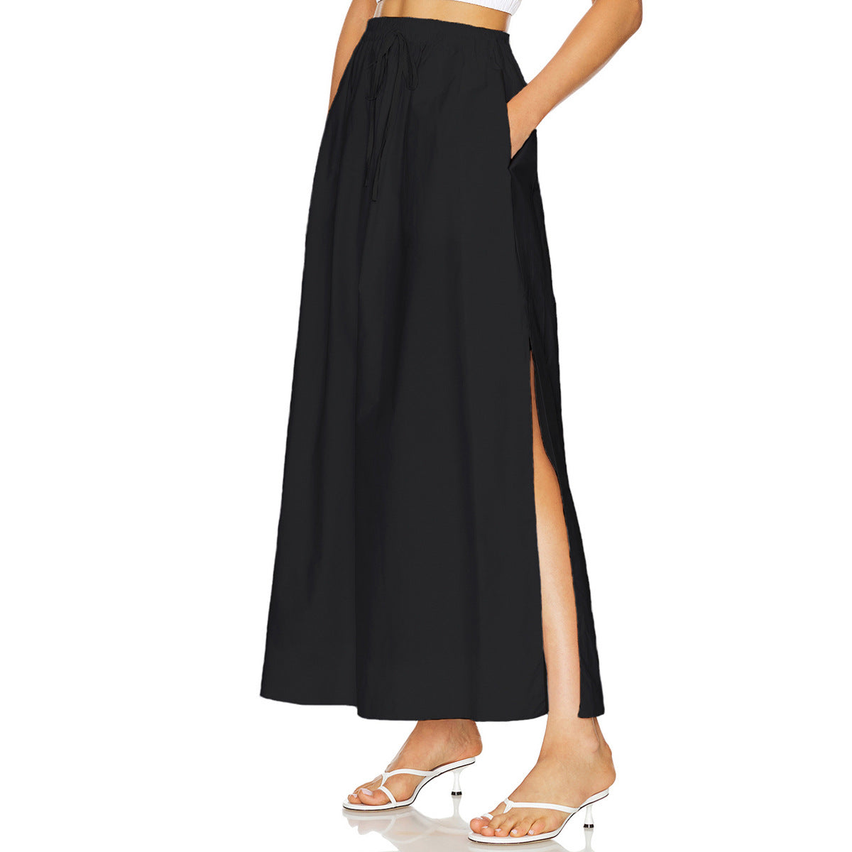 Women's Cotton Pocket High Waist Slit Dress Skirts