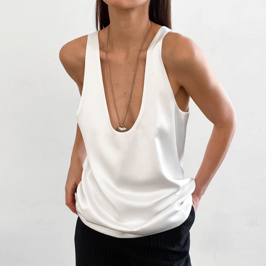 Women's Color Satin Sleeveless T-shirt Versatile Street Tops