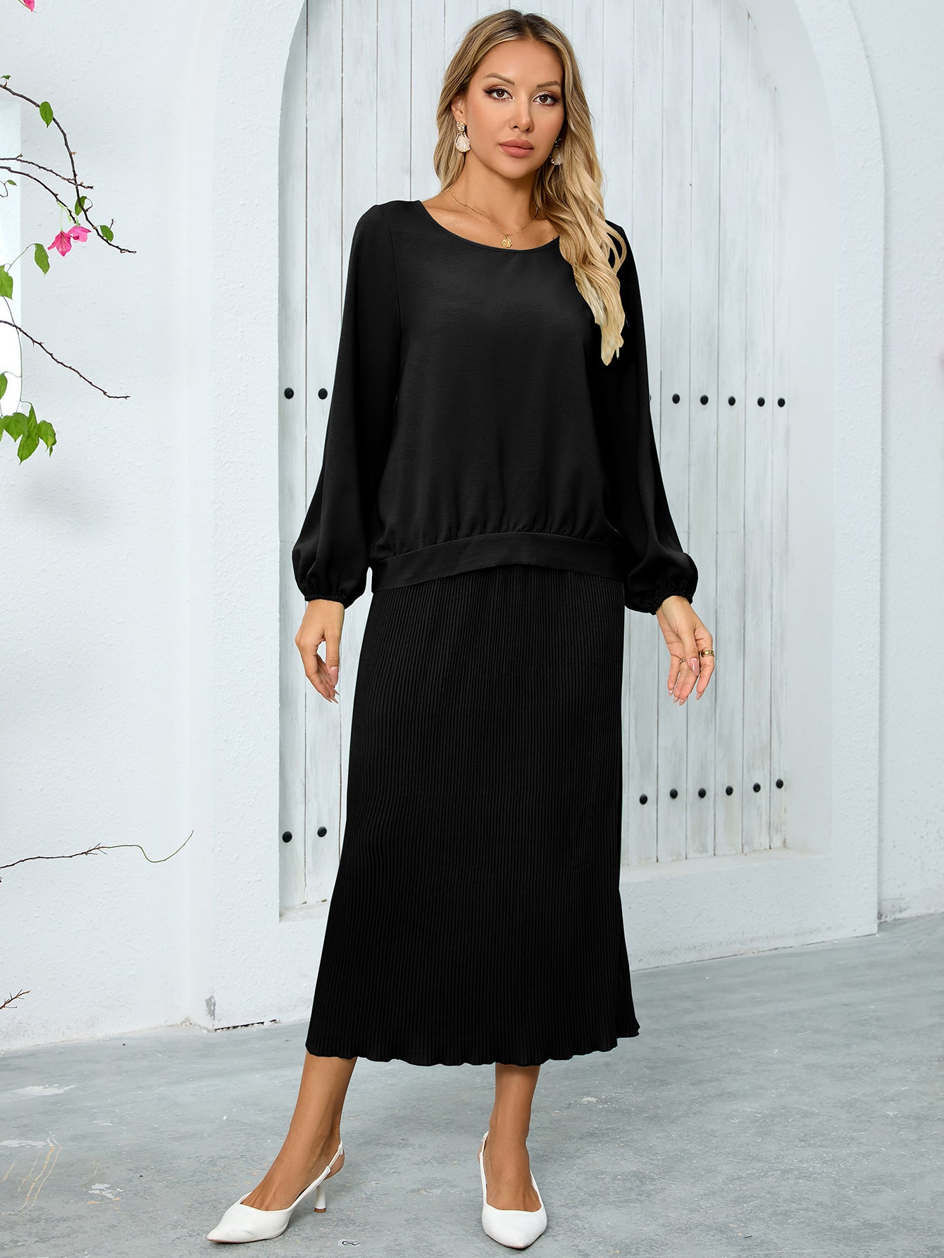 Women's Casual Round Neck Long Sleeve Pleated Suits