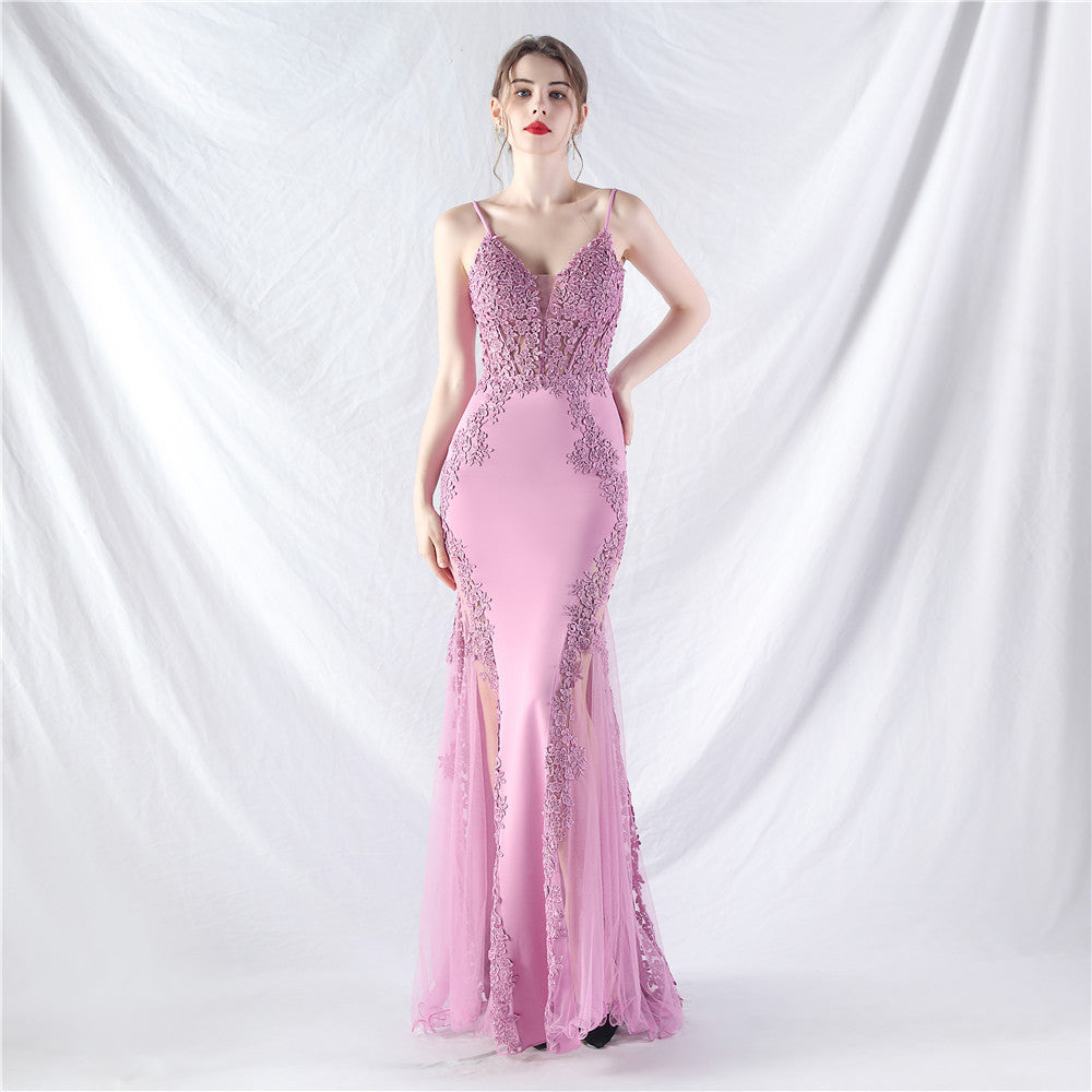 Lace Hot Rhinestone Fishbone Tight Waist Evening Dresses