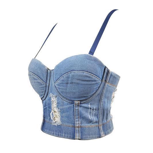 Denim Camisole Outer Wear Sexy Navel Fishbone Tops