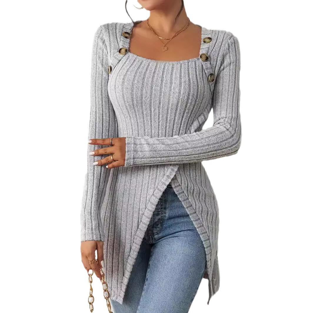 Women's Long Sleeve Knitted Square Collar Irregular Knitwear