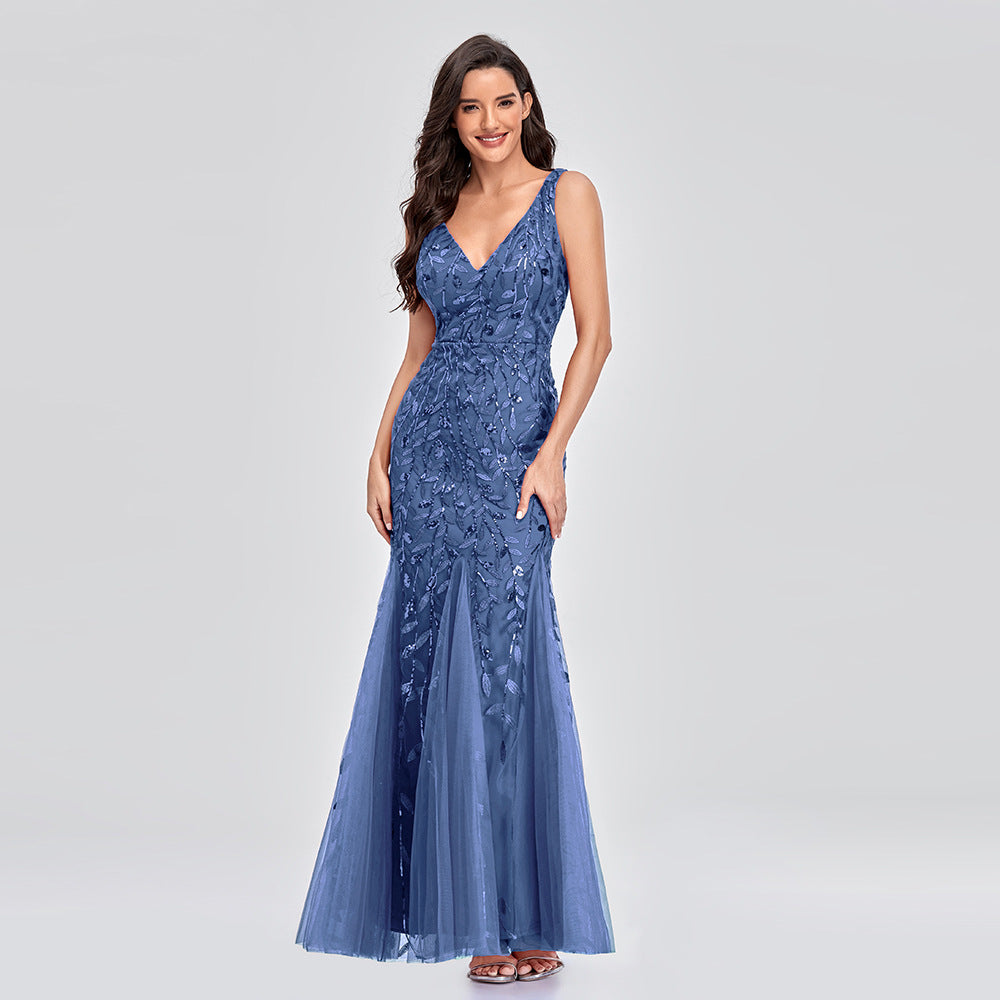 Women's Sexy Sleeveless Embroidery Sequin Slim Fishtail Evening Dresses