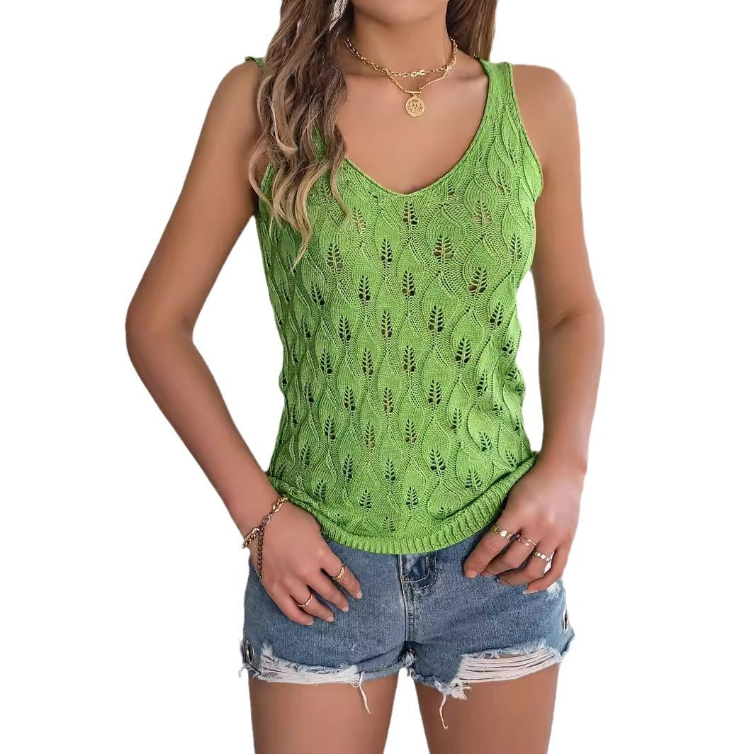 Women's Summer Solid Color Hollow Leaves Sleeveless Knitwear