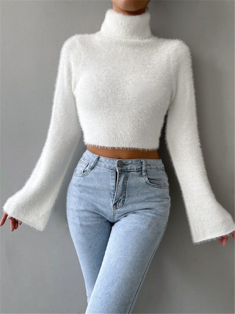 Classic High Neck Exposed Navel Plush Sweaters