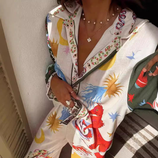 Women's Fashion Vacation Style Printed Long-sleeved Shirt Suits