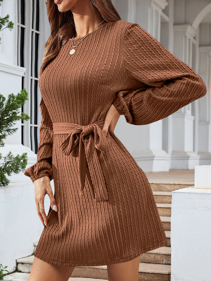 Women's Belt Long Sleeve Twist Knitted Dress Skirts