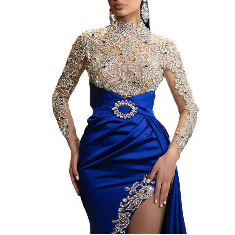 Women's Dress Blue Gold Round Neck Long Dresses