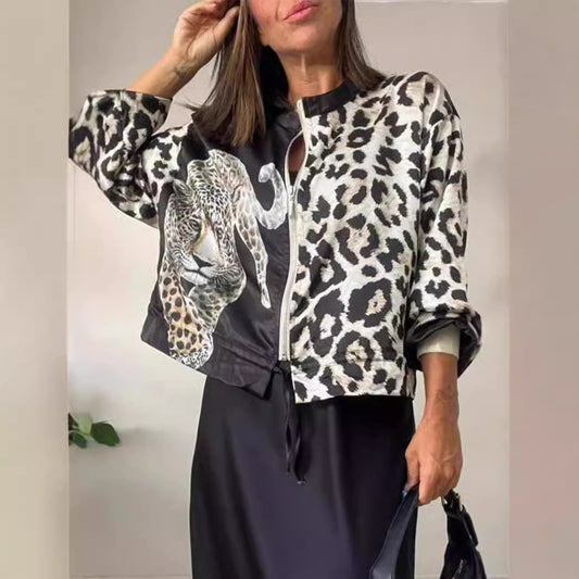 Women's Wear Autumn Leopard Animal Combination Printing Pilot Jackets