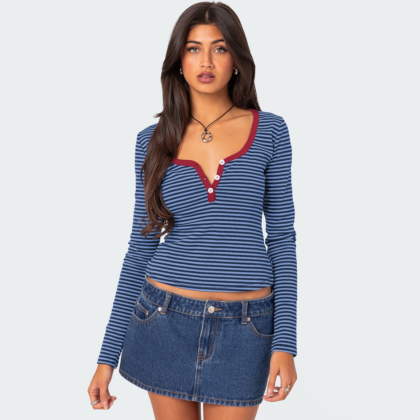 Women's Contrast Color Striped Clothes Summer Button Shoulder Blouses