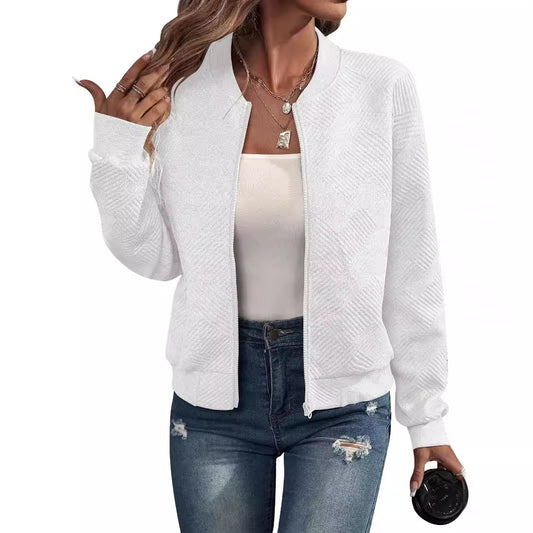 Women's Solid Color Zipper Baseball Collar Casual Jackets