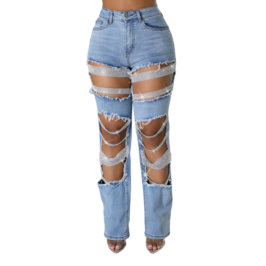 Women's Hot Summer Ripped Beaded Stretch Trousers Jeans