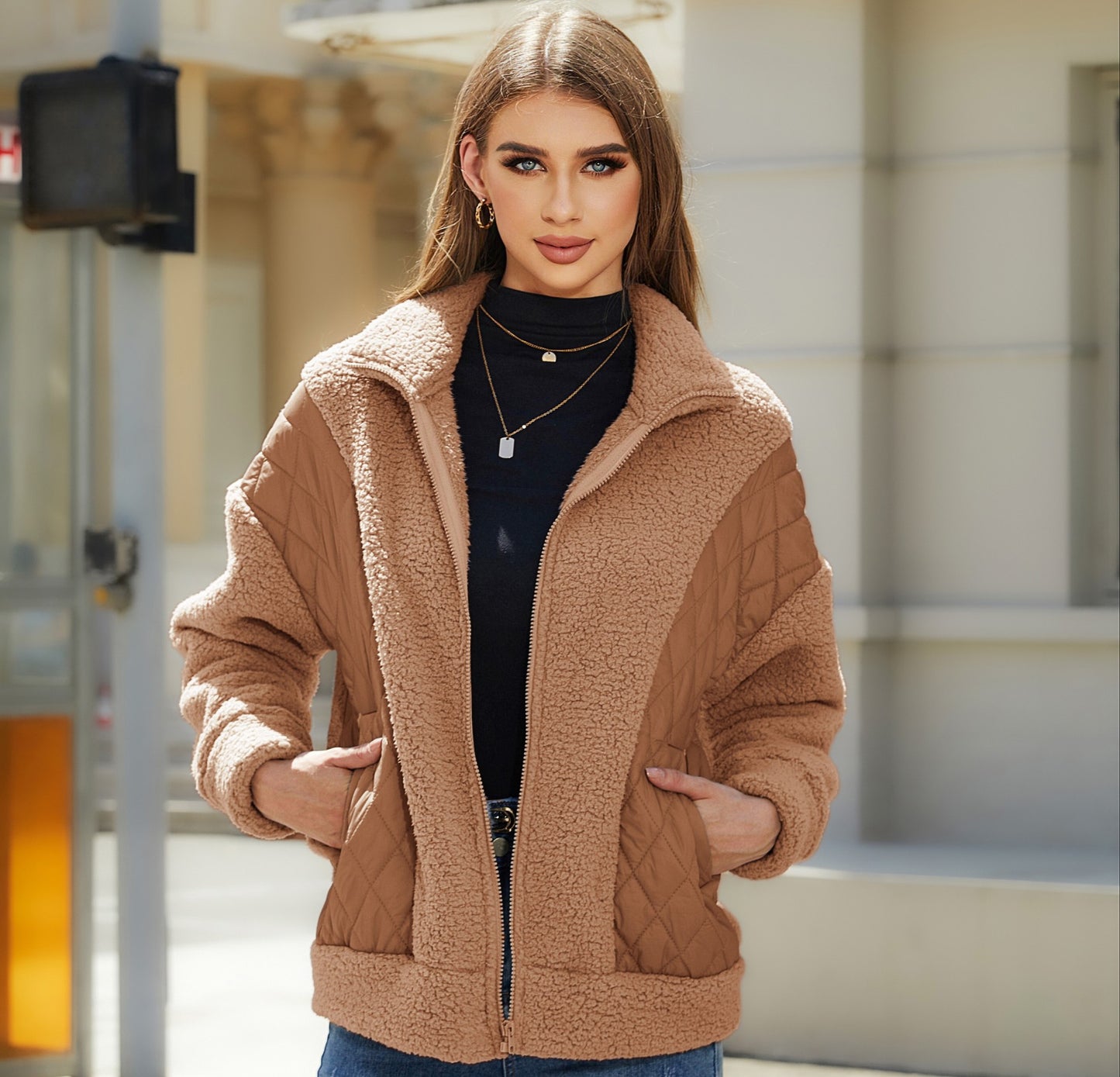 Women's Veet Fashion Long Sleeve Zipper Plush Coats