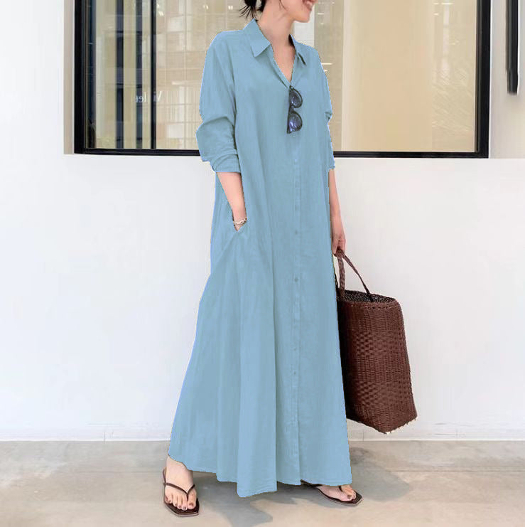 Cotton Linen Solid Color Lapel Long Sleeve Pocket Simple Dresses