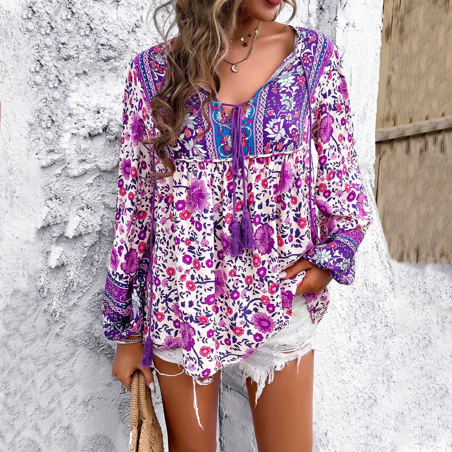 Women's Casual Holiday Floral Print Long-sleeved Shirt Blouses