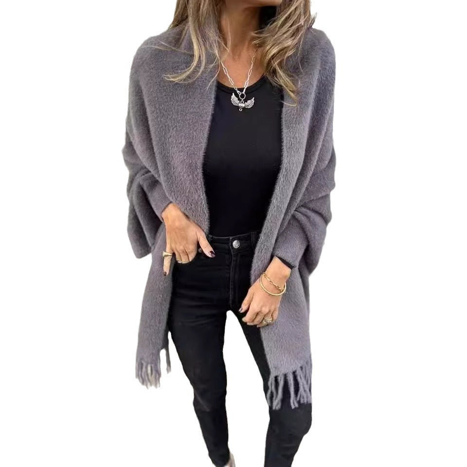 Women's Glamorous Knitted Plush Tassel Inverness Knitwear