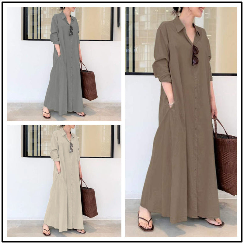 Cotton Linen Solid Color Lapel Long Sleeve Pocket Simple Dresses