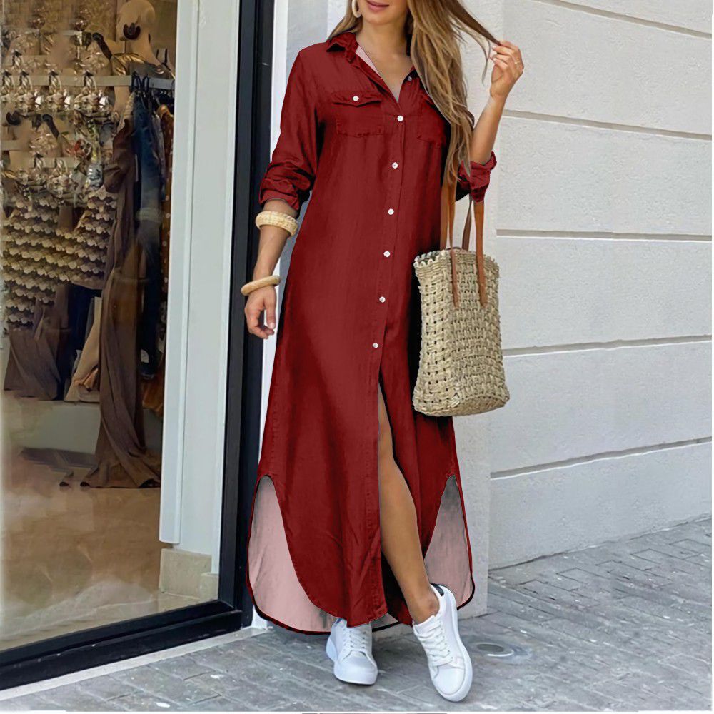 Fashion Long Sleeve Candy Color Lapel Dresses