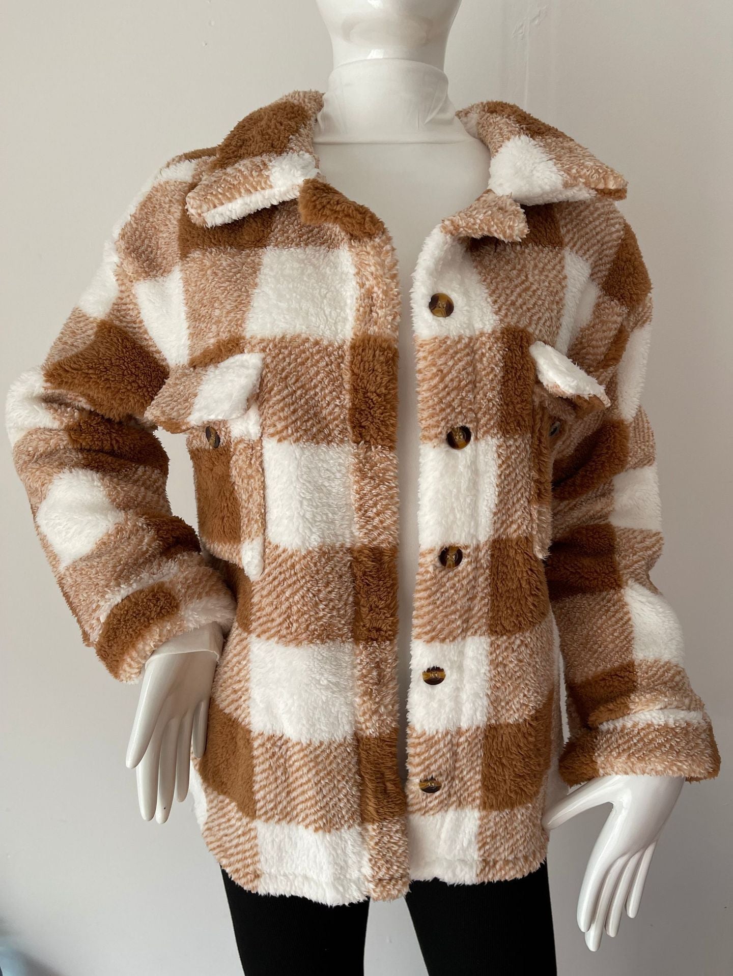 Women's Long Sleeve Double Pocket Plaid Furry Coats