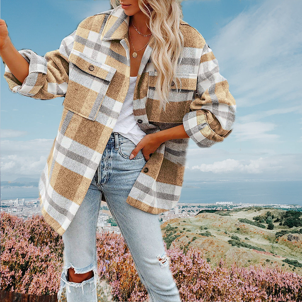 Women's Fashion Urban Style Loose Single-breasted Plaid Coats