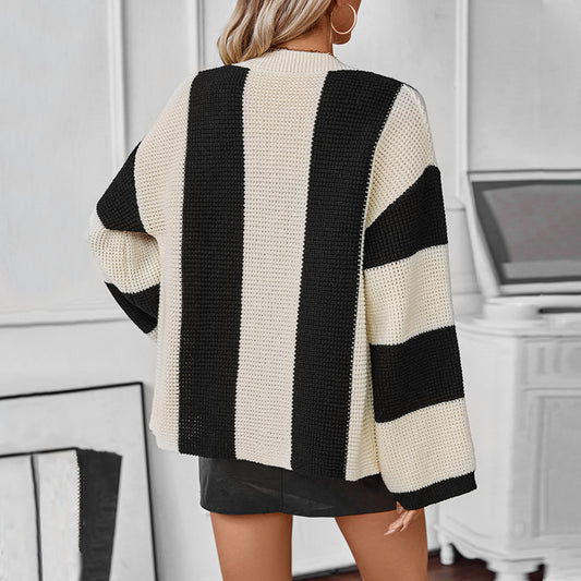 Women's Contrast Color Striped Casual Loose Wear Knitwear