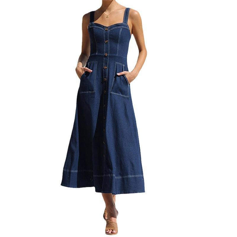 Strap Distressed Casual Style Button Denim Dresses