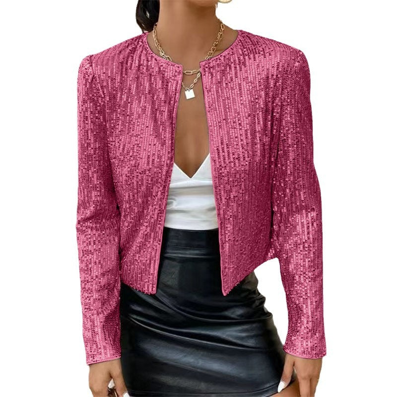 Women's Fashion Stand Collar Color Matching Sequins Knitwear