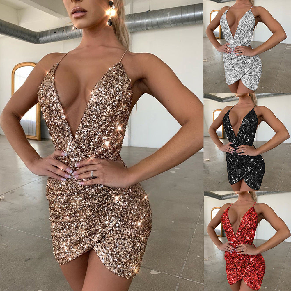 Autumn Sexy Sequin Sling Dress Backless Dresses