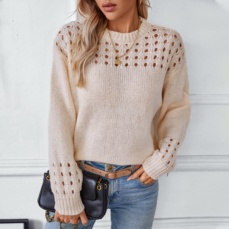 Women's Hollow Pullover Solid Color Round Neck Sweaters