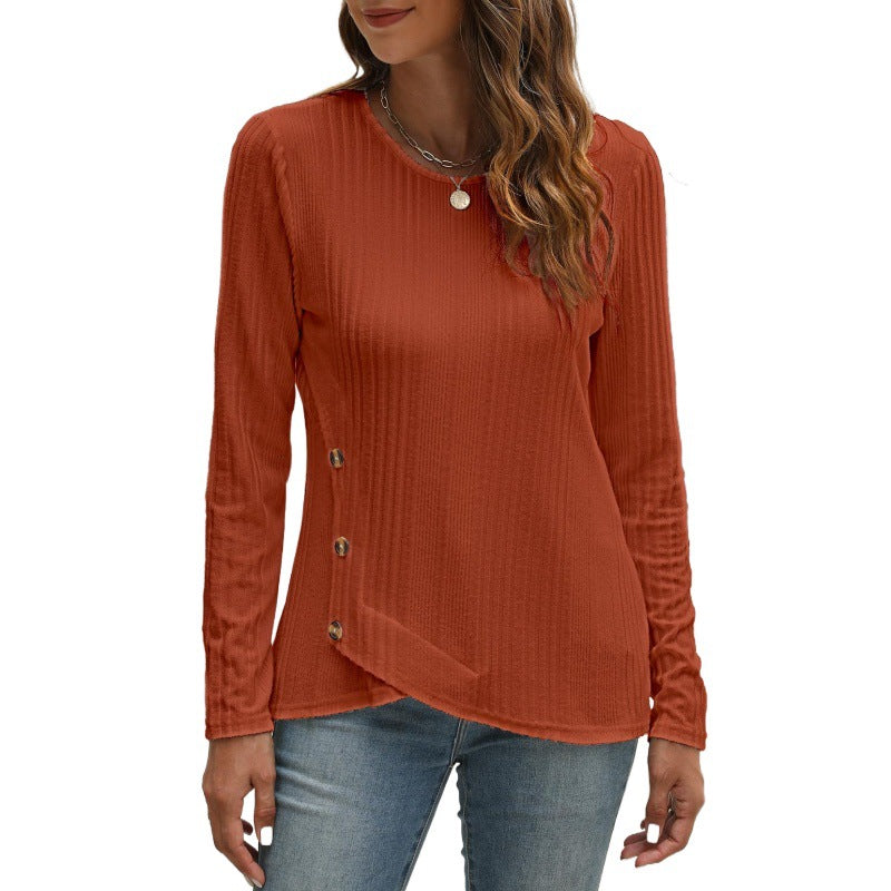 Women's Sunken Stripe Brushed Button Long-sleeved T-shirt Tops