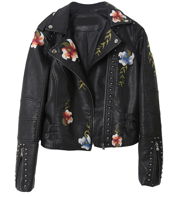 Women's Spring Embroidered Rivet Leather Embroidery Machine Jackets