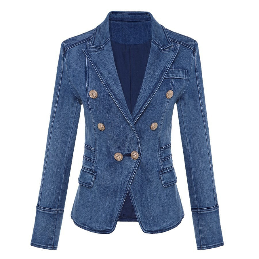 Double-breasted Lion Buckle Wash Denim Small Blazers