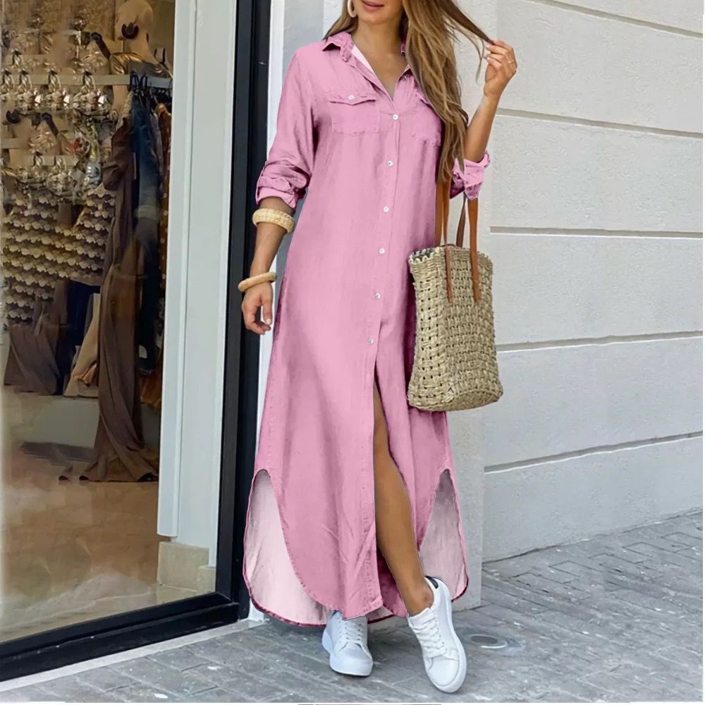 Fashion Long Sleeve Candy Color Lapel Dresses