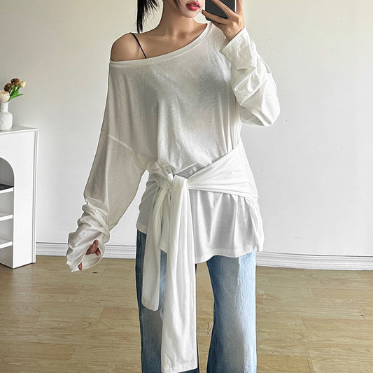 Women's Color Loose Street Fashion Diagonal Collar Long Blouses