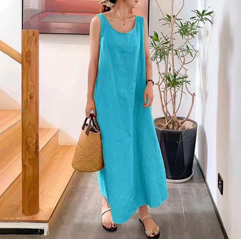 Women's Summer Long Strap Cotton Linen Simplicity Style Loose Pockets Dresses