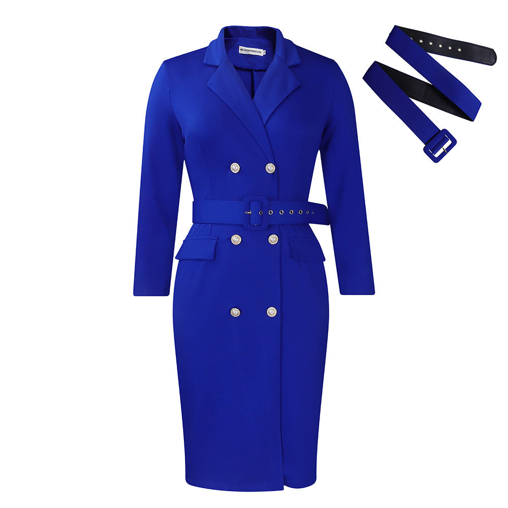 Commute Collar Solid Color Double Breasted Dresses