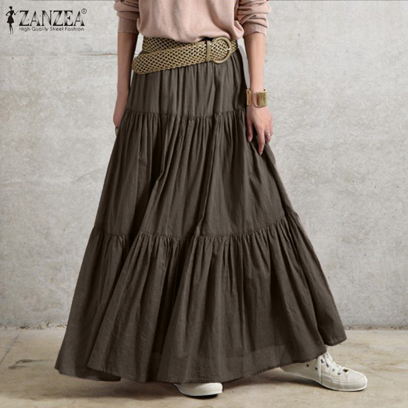 Linen Solid Color Pleated Loose Long Skirts